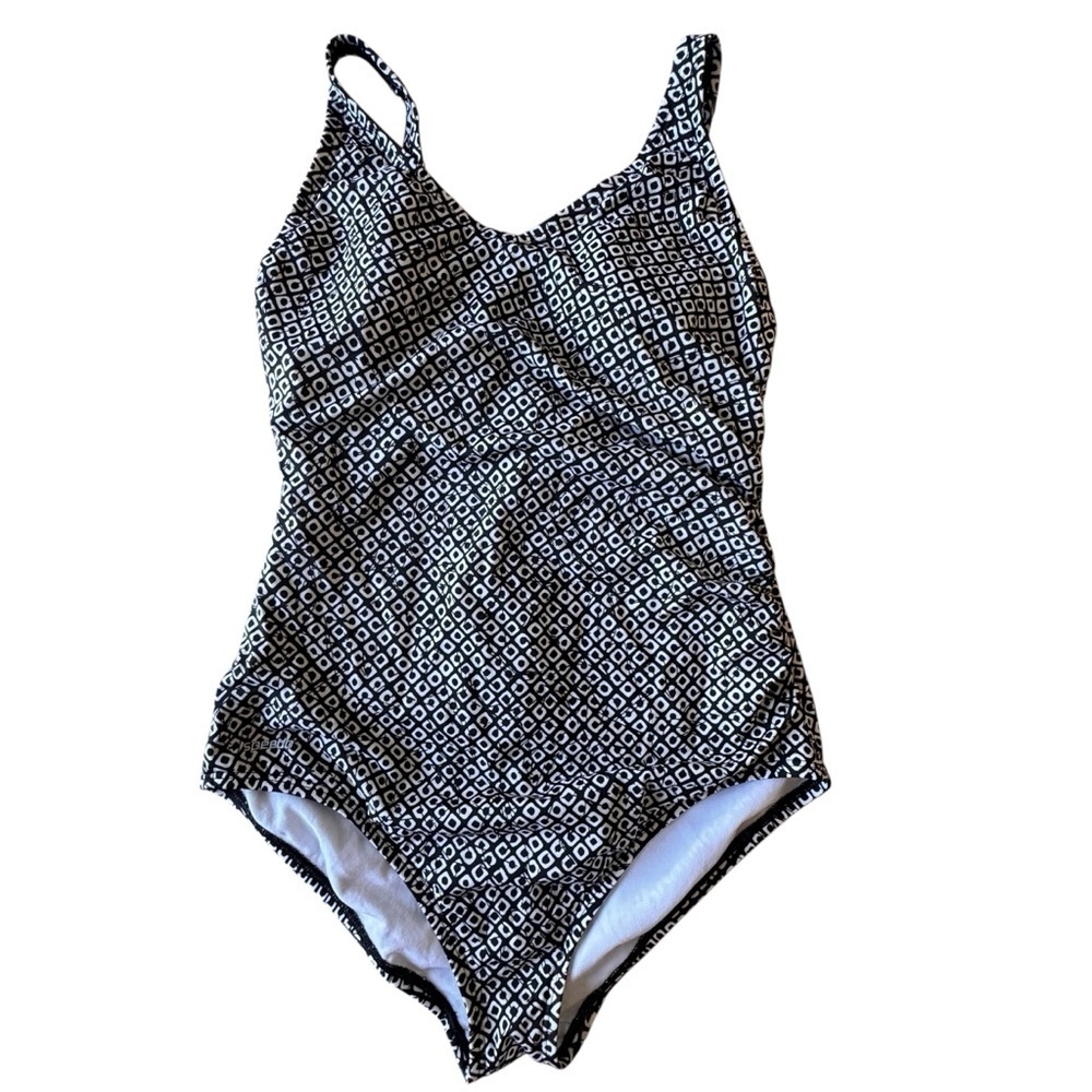 Speedo Swimsuit Womens 14 Black White One Piece Side Ruched Built-in Molded Cups